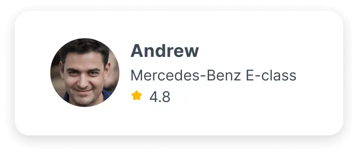 Driver Andrew with a score of 4.8 in a Mercedes-Benz E-class.